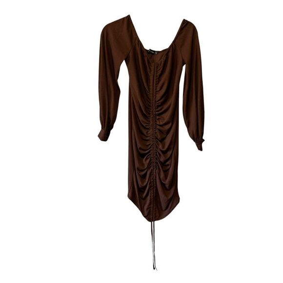 Prettylittlething Brown Ruched Off The Shoulder Drawstring Mini Dress - Picture 5 of 9